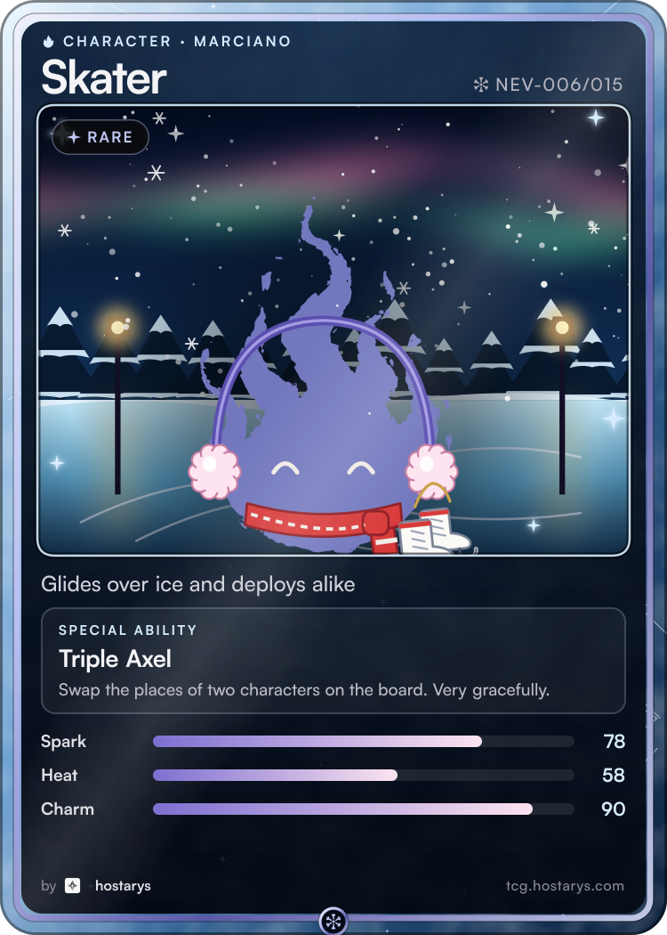 Skater Marciano card, rare character, NEV-006/015 (Stellar Snowfall)